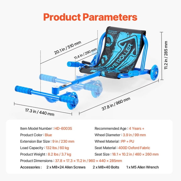 VEVOR Ride on Scooter, Load Capacity of 132 lbs, Swing Side-to-Side for Amazing Ride Powered by Zig-Zag Motion, Ride on Drifting Toy for Ages 4 , Rides on Any Hard Surface for Indoor & Outdoor, Blue