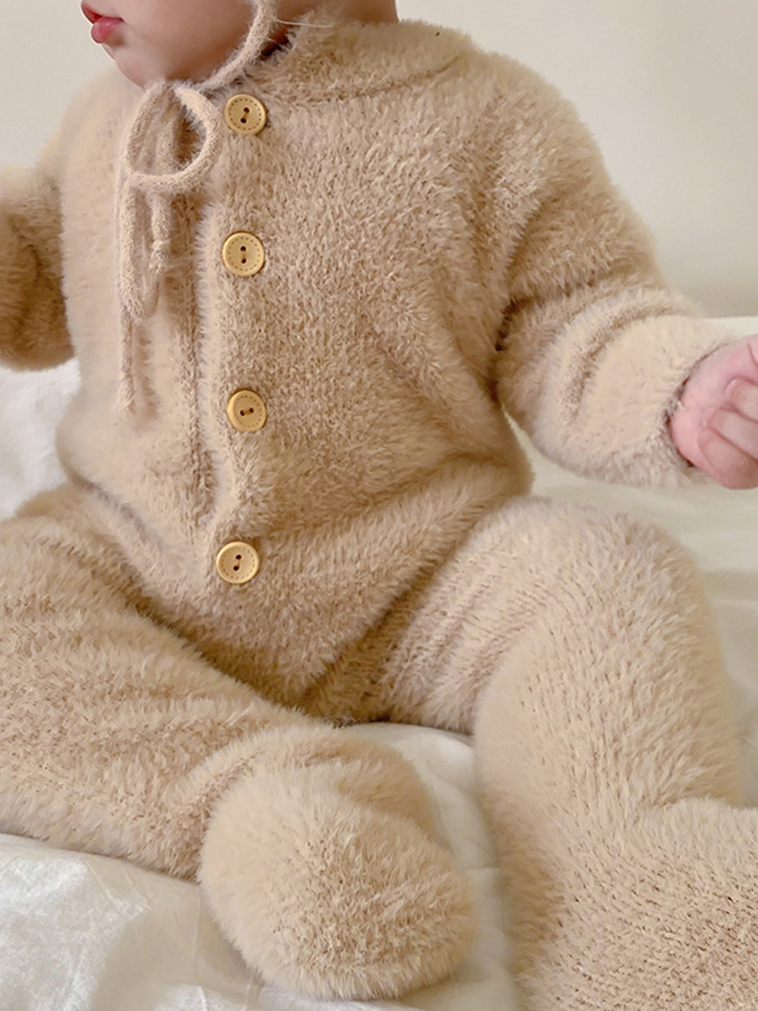 Arvbitana Infant Baby Girl Boy Plush Jumpsuit Long Sleeve Round Neck Button Closure Solid Color Playsuit  + Hat Winter Warm One Pieces Clothes for Infant 2Pcs 0-24M