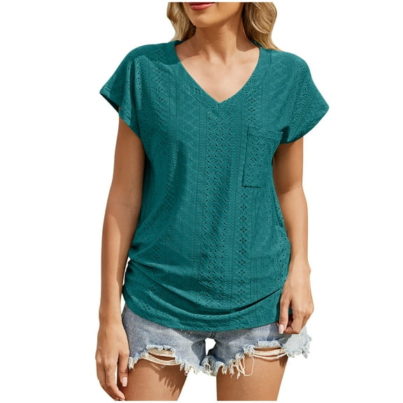 Shirts for Women Trendy Hollow Out V-Neck Short Sleeve Tops Casual Loose Fit Daily Work Sports T Shirts with Pockets