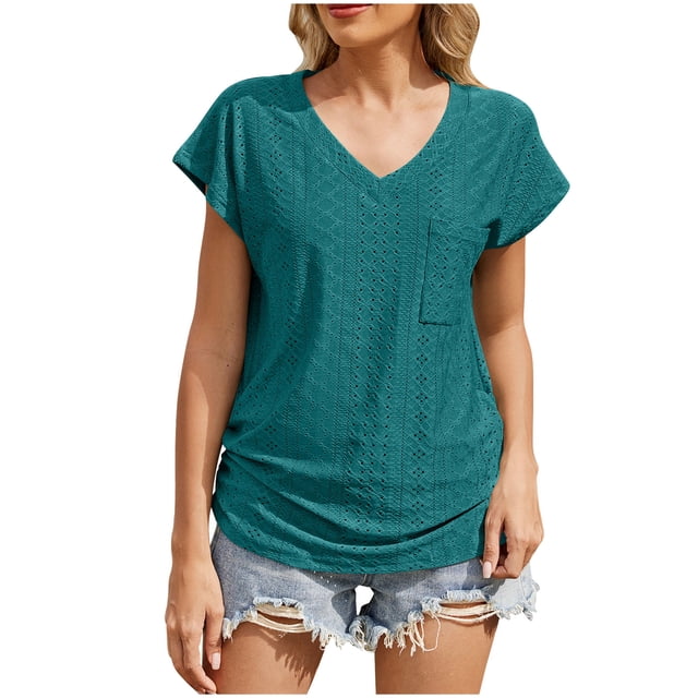 Blusa de Manga Corta, Color Sólido Casual, Camiseta de Bolsillo con Cuello en V para las Mujeres