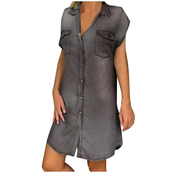 Patlollav Clearance Womens Casual V-Neck Solid Dresses Summer Sleeveless Pullover Denim Dress