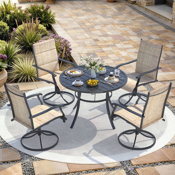 U-HOMY 5-Piece Outdoor Dining Set with 4 Swivel Chairs and Metal Table, Patio Furniture with Umbrella Hole for Backyard Deck