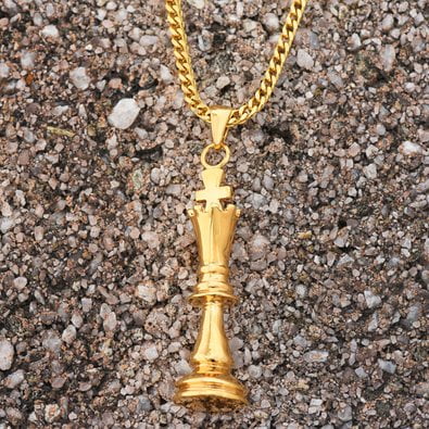 Chess Piece Pawn Pendant Necklace Set 18K Yellow Gold King Chess Charm Chain