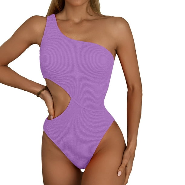 Traje de baño de una pieza con abertura para mujer Traje de baño de un hombro Trajes de baño Monokini acanalados - Púrpura