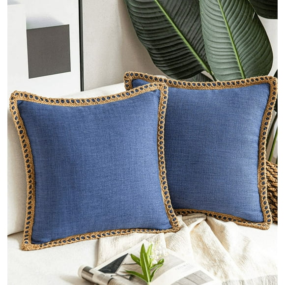 2 Pack Farmhouse Burlap Upholstery Custom Edge Trim Pillowcase Cushion Cushion Cushion for Sofa Sofa, 18 x 18 Inch, Navy Blue