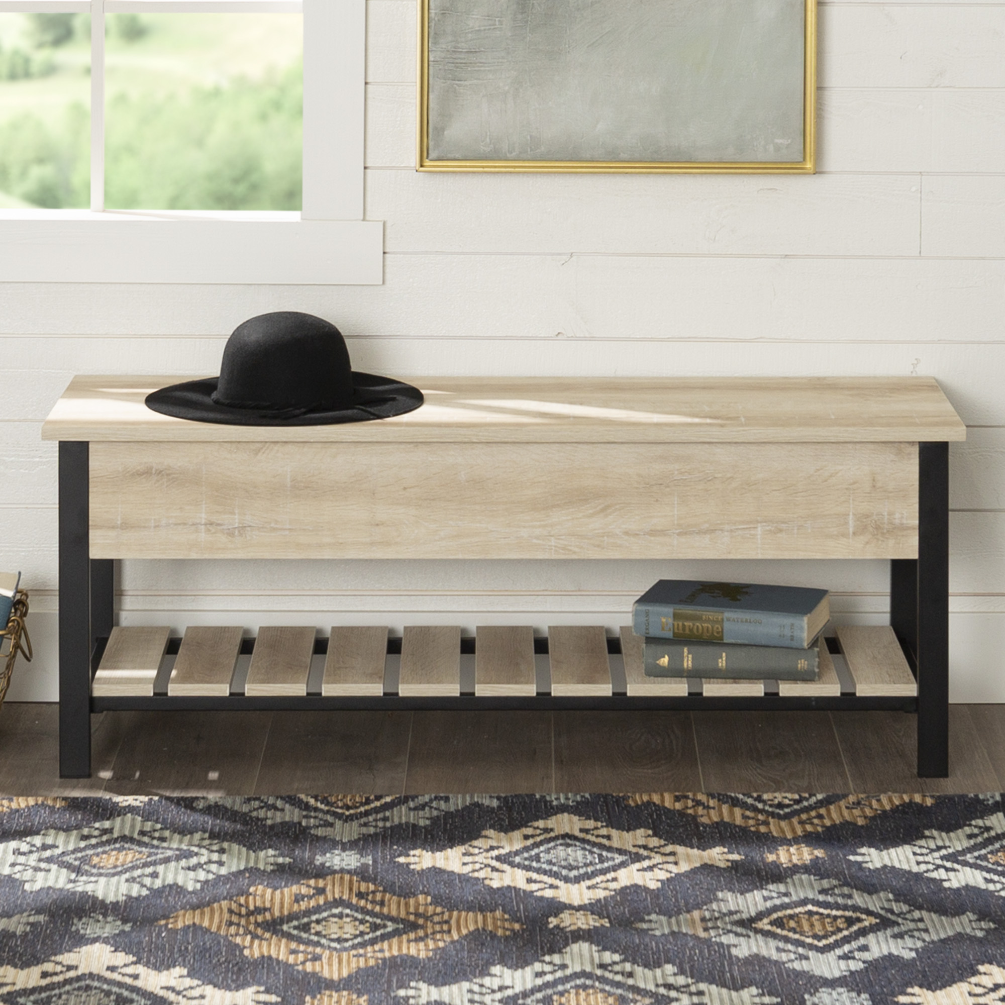 Modern Farmhouse Bench With Storage Manor Park Modern Farmhouse Oak Storage Bench with Shoe Shelf, White
