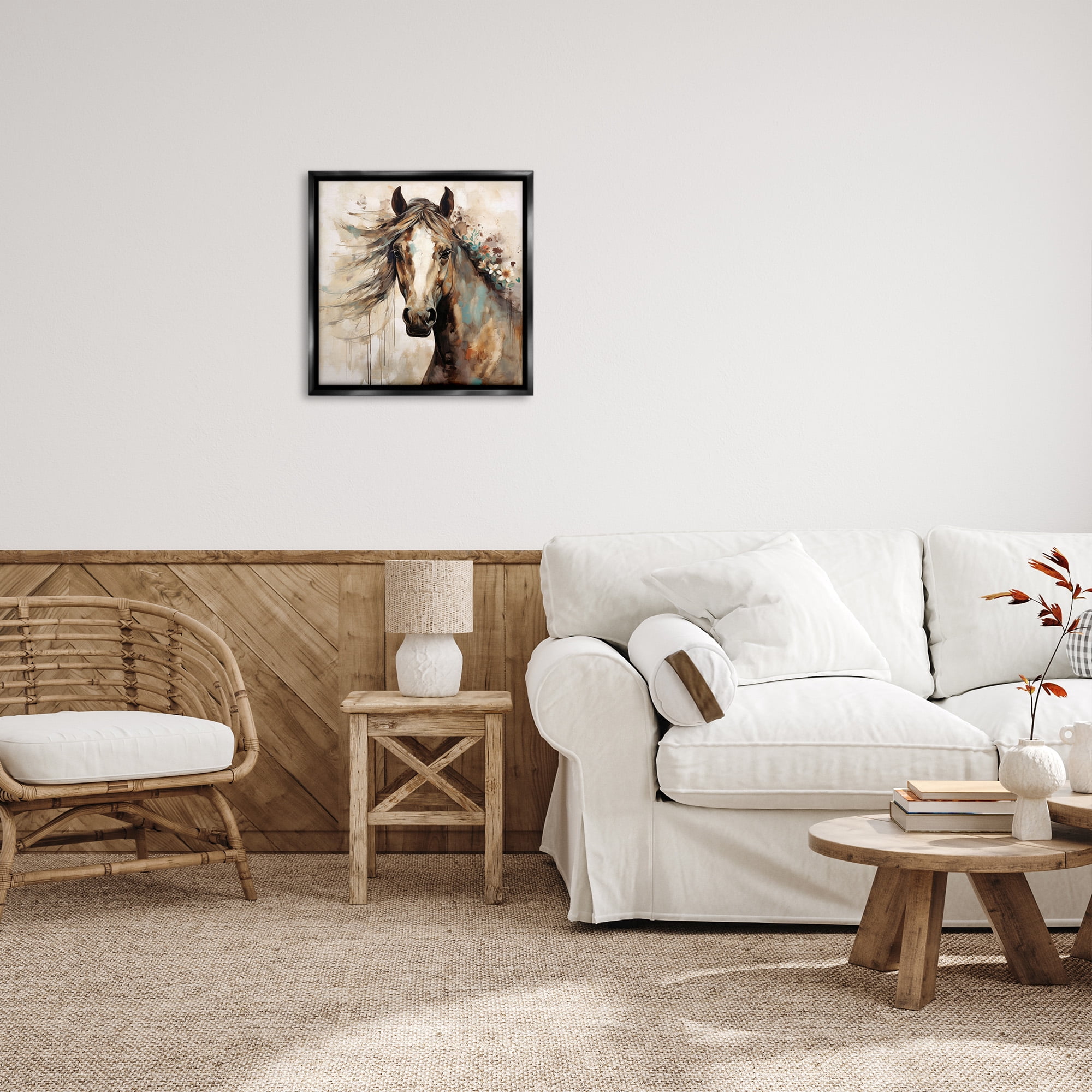 Stupell Industries Brown Horse with Florals Animals & Insects Painting Black Floater Framed Canvas Art Print Wall Art, 25 x 25