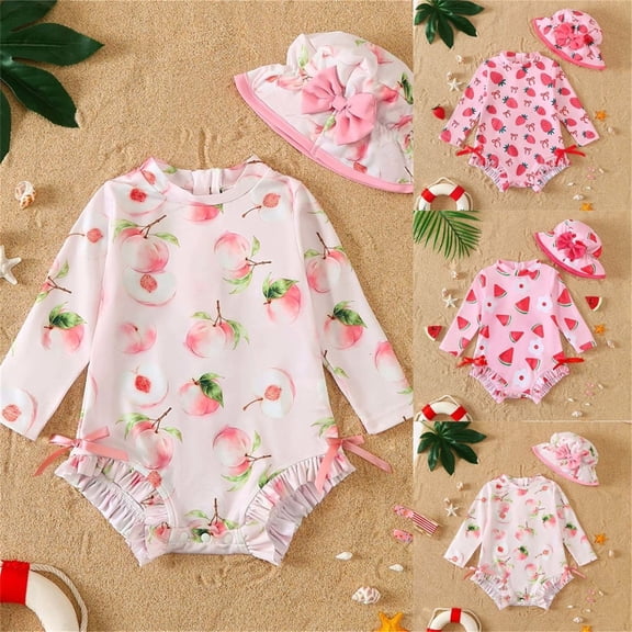 Baby Girl Swimsuit One Piece with Cap 2 Piece Crew Neck Long Sleeve Ruffle Zipper Cartoon Print for Hawaiian Bathing Suits for Girls Light Pink1 12 Month-18 Month