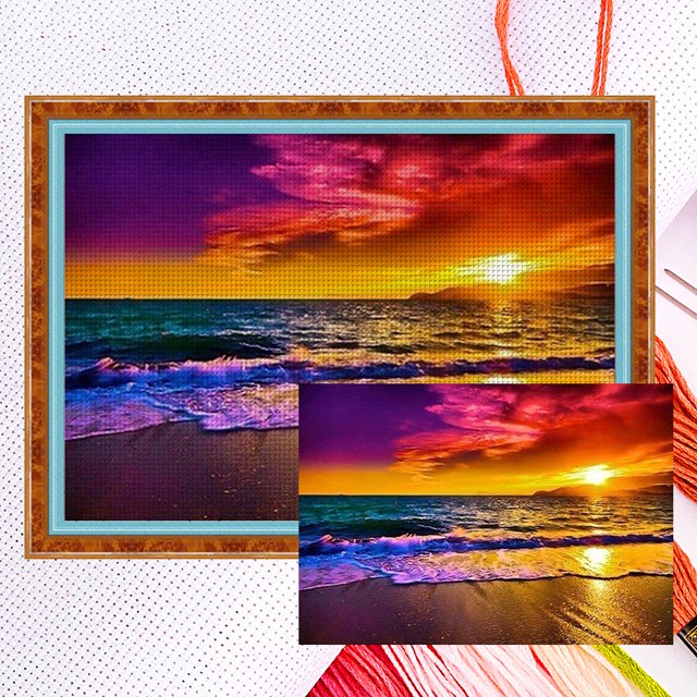 (SZX1810) Hilo Algodón Ecológico Bordado 11CT 3 Hebras Tela Blanca 46*36cm Kit Serie Paisaje Punto Cruz Atardecer Junto Al Mar