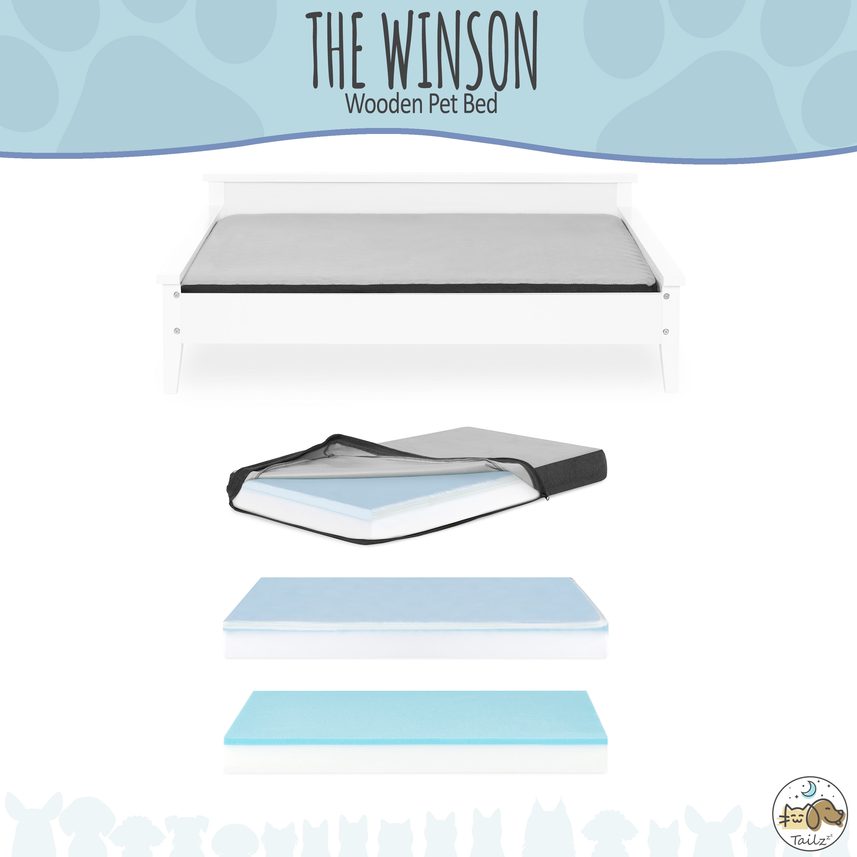 TailZzz Winston Large Elevated Wooden Pet Bed with Mattress, White