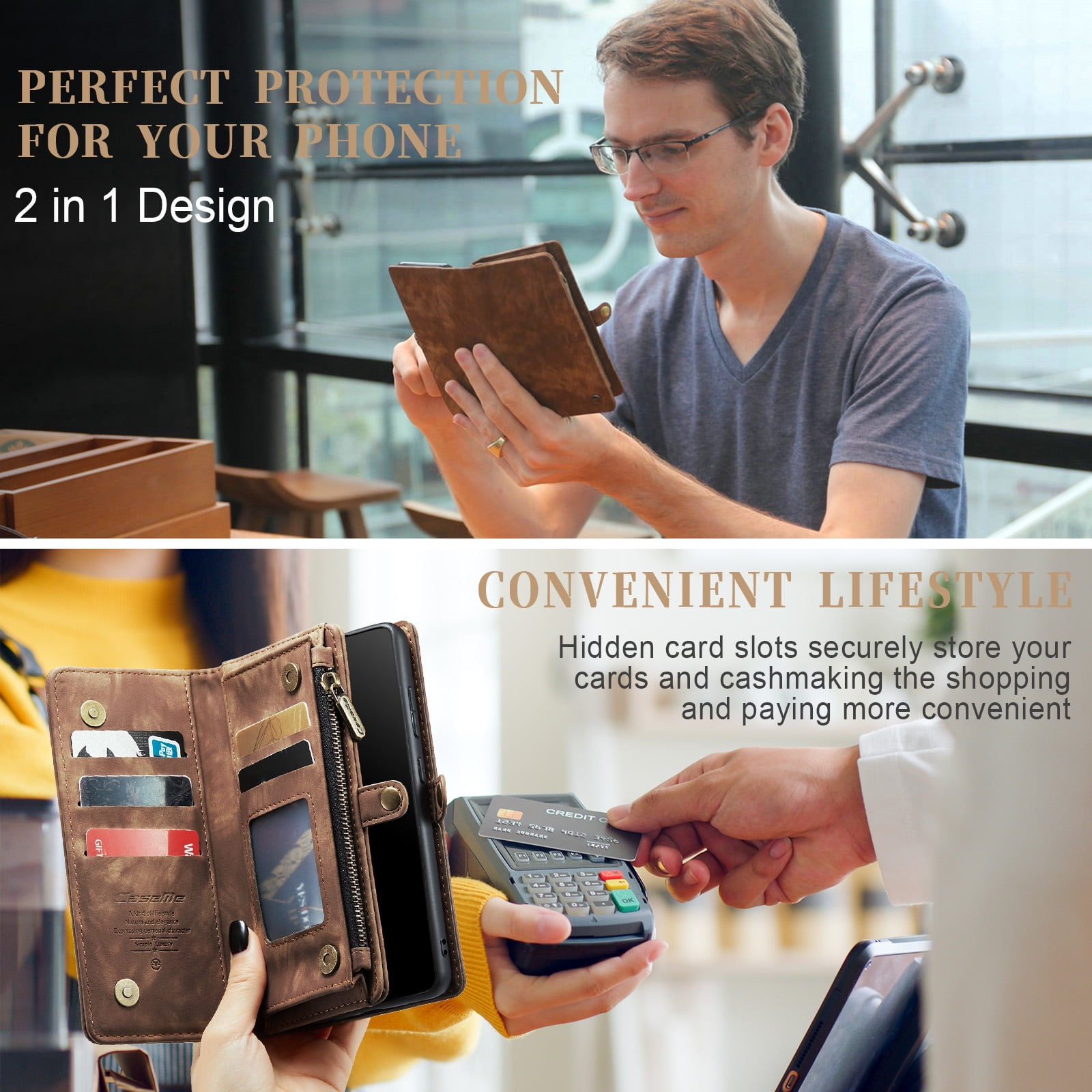 Feishell Durable 2-In-1 Magnetic Detachable Wallet Case for Samsung Galaxy S22,for Women Men,Premium PU Leather Zipper Pocket Flip Multi Card Slots Purse Phone Case with Wrist Strap,Darkbrown