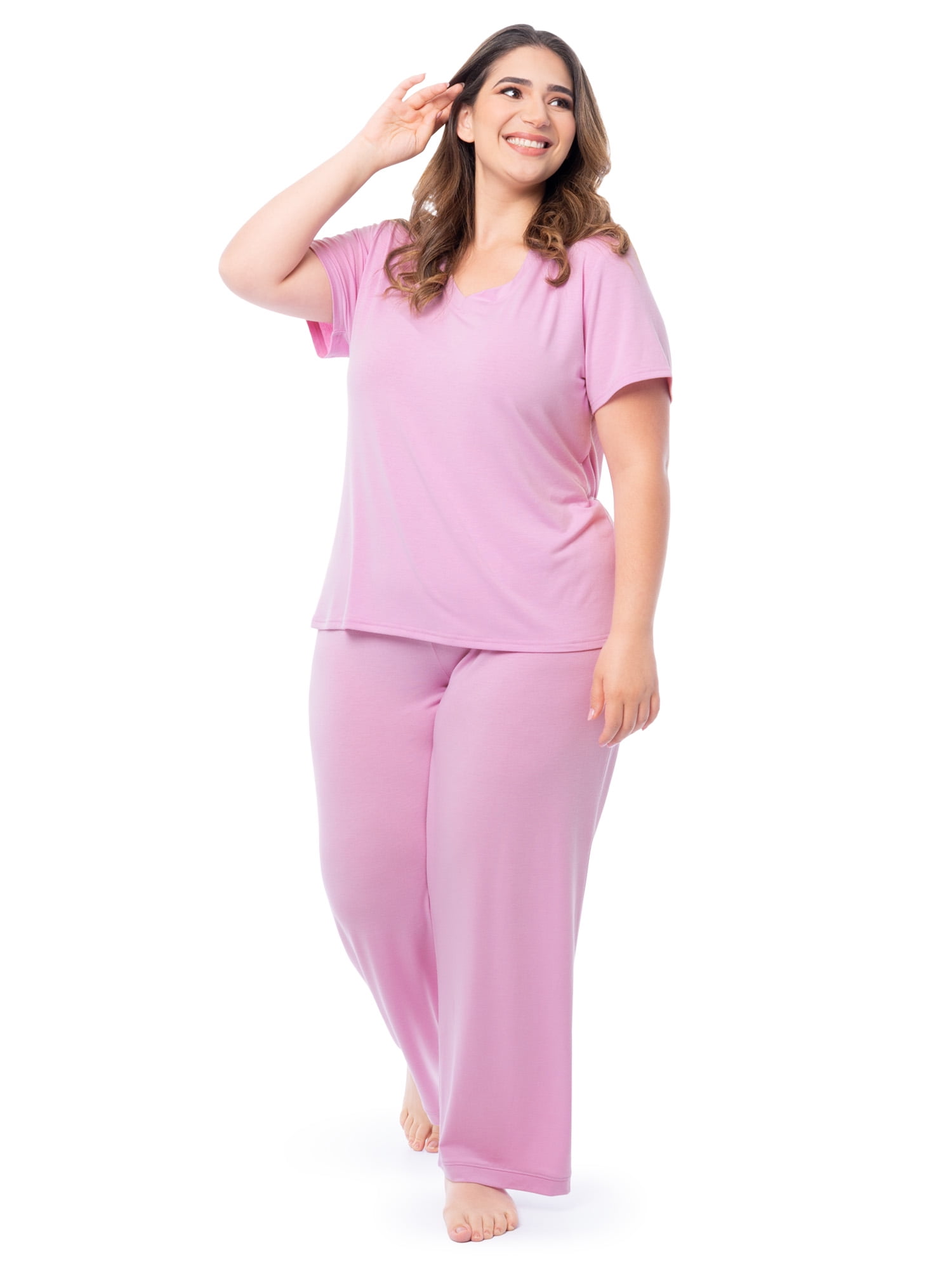 Fruit of the Loom Women's Soft & Breathable V-Neck Short Sleeve Top & Pajama Pant Set, Sizes S-4X