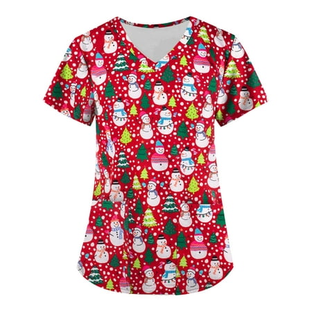 

RPVATI Women Plus Size Scrubs Top on Clearance Short Sleeve Christmas Working Uniform Snowman Printed V Neck Boho Shirts Loose Fit Elegant Women Blouses with Pockets Red M