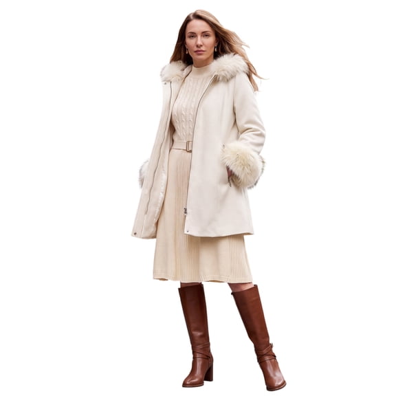 Jessica London Women's Plus Size Hooded Faux Fur Trim Coat