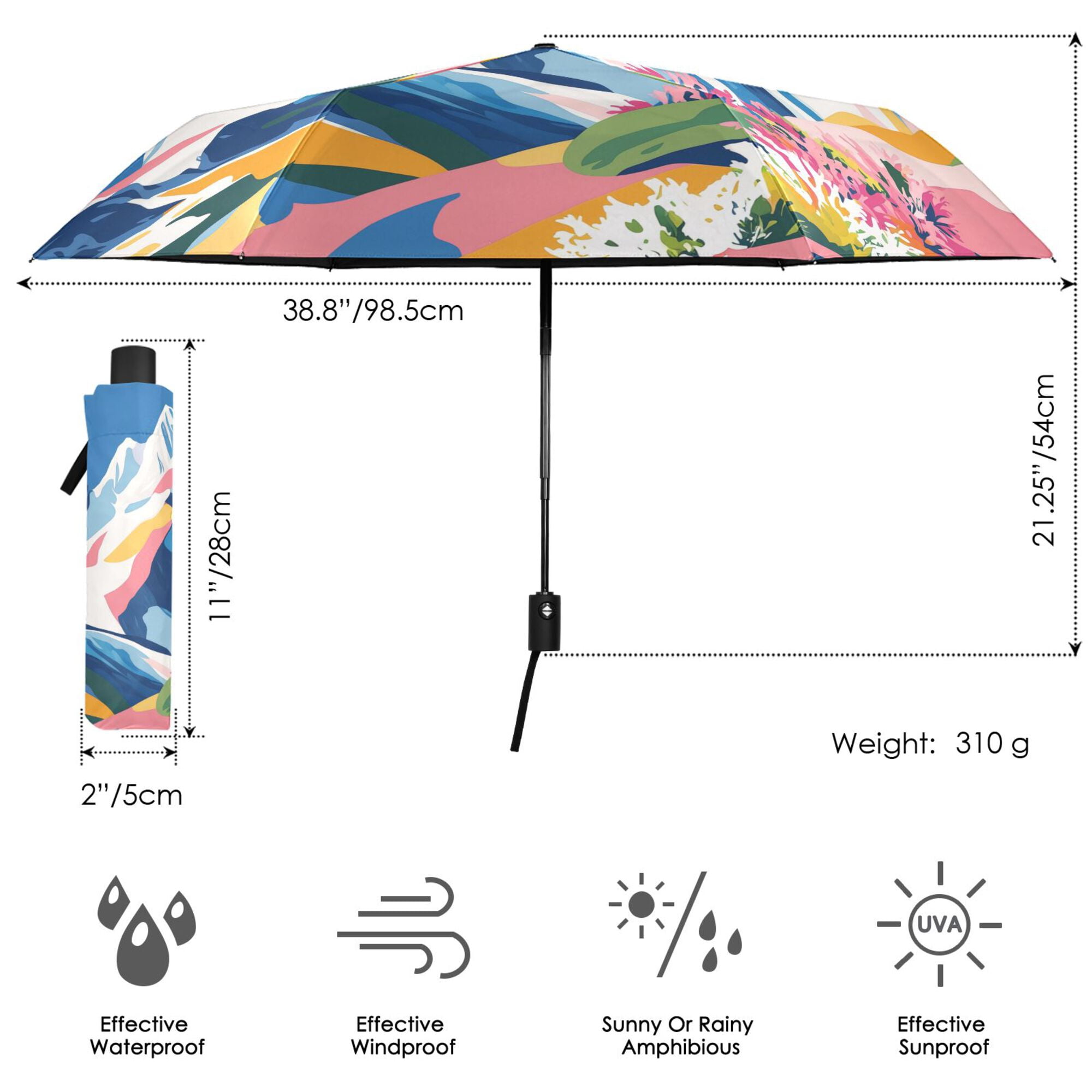 FORMRS Travel Umbrella Folding Auto Open Close Windproof Rain UV Protection, Abstract Snow Mountain