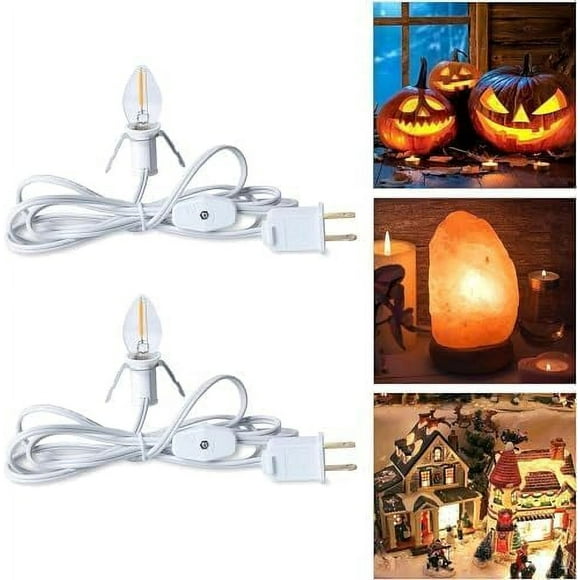 Accessory Cord with One LED Light Bulb - 6fT White Cord with On/Off Switch for Night Lights, Halloween Pumpkin, Blow Mold, Christmas Village House, Holiday Ceramic Trees, 2 Pack