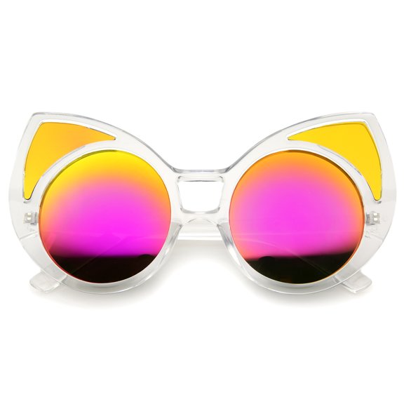 sunglassLA Unisex Women's Oversize Colored Frame Mirror Lens Cat Eye Sunglasses (Clear / Magenta Mirror) - 52mm