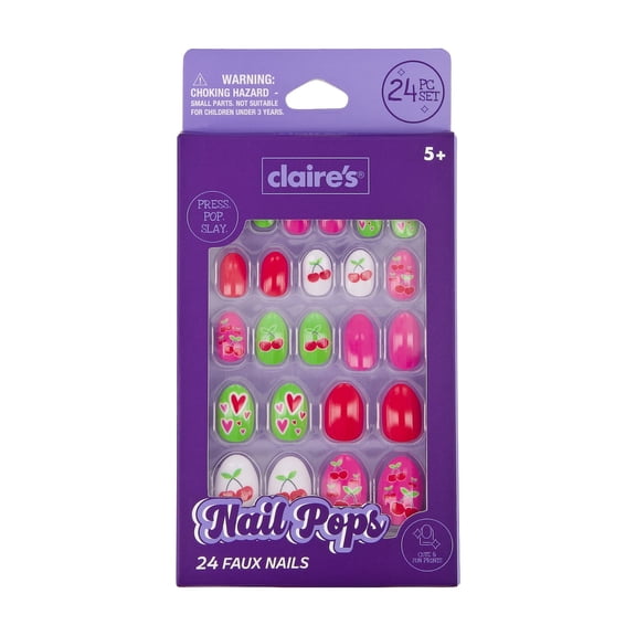 Claire's Cherry Heart Print Oval Shaped Press-on Nails, 24 Nails