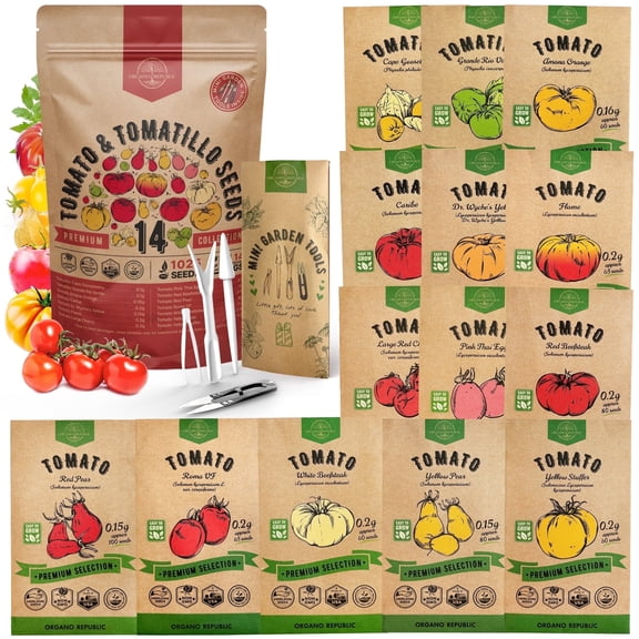Organo Republic 14 Rare Tomato & Tomatillo Garden Seeds Variety Pack 1025  Non-GMO Heirloom Tomato