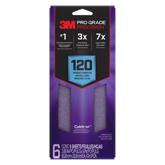 3M Pro Grade Precision Sandpaper, No-Slip Grip Backing, 3 2/3 in x 9 in, 120 Grit, 6 Sheets