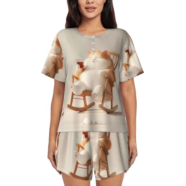Balery Relaxing Cat With Tea Conjunto de Pijama para Mujer con Estampado, Dos Piezas de Manga Corta y Shorts, Ropa de Dormir Suave con Cuello Redondo y Bolsillos-4X-Large