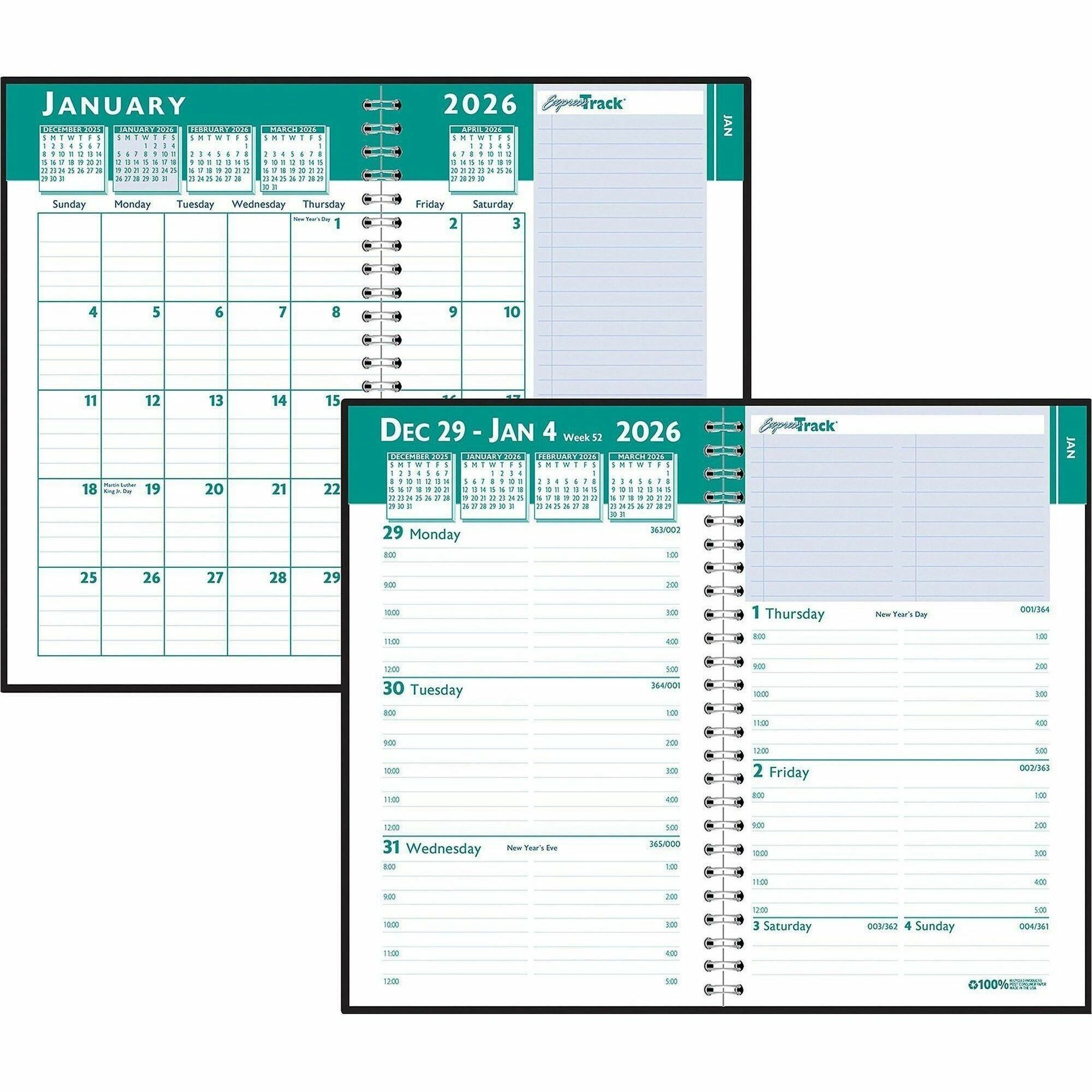 House of Doolittle 294-02 13-Month Jan 2025 to Jan 2026 8 in. x 5 in. Express Track Recycled Weekly Appointment Book/Monthly Planner - Black Cover