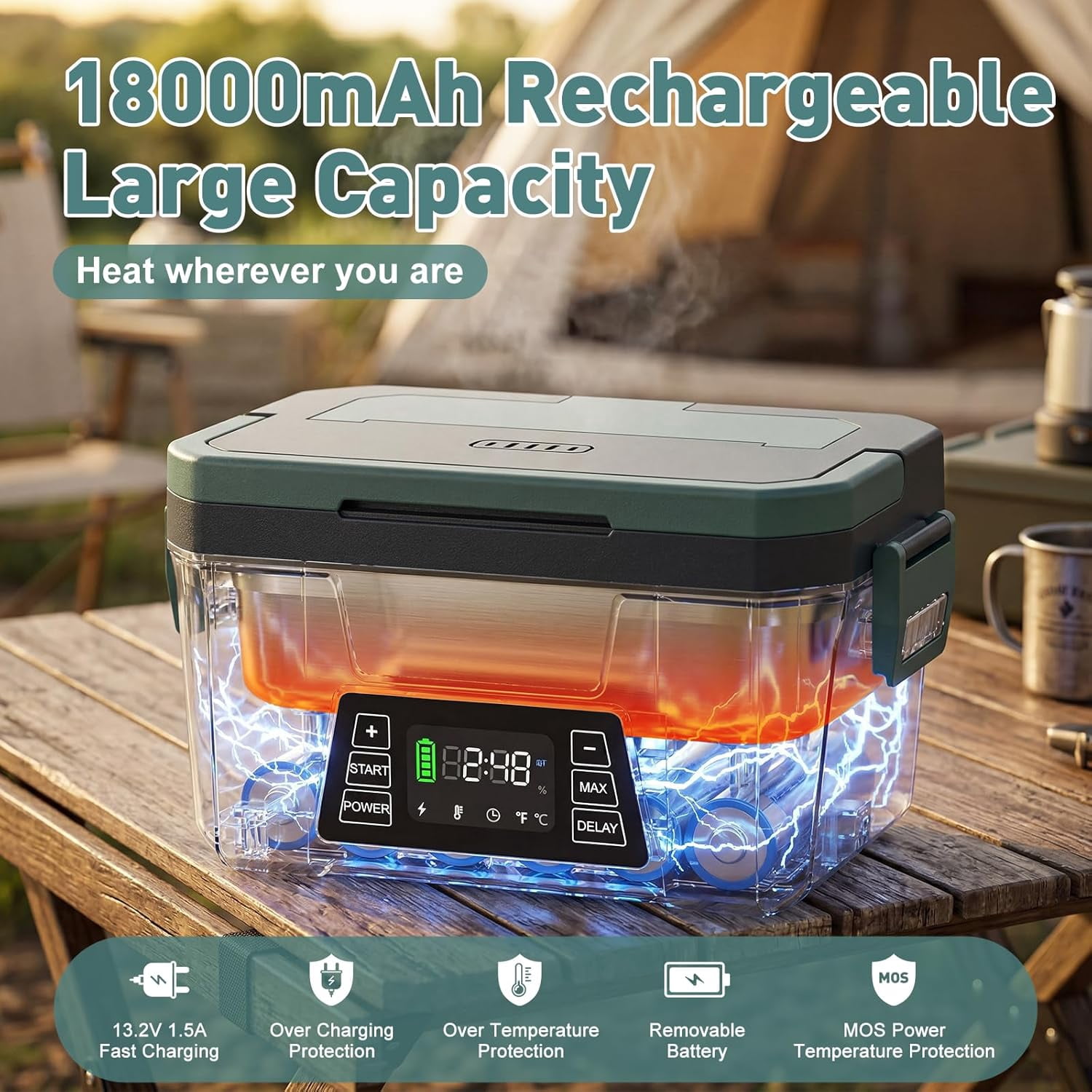 Cordless Electric Lunch Box for Adults, APP Control Heated Lunch Box for Men, 18000mAh Battery Powered Portable Food Warmer/ Timer, Auto Heating 5-side Rechargeable 248°F for Women/Work/Outdoor/Gift
