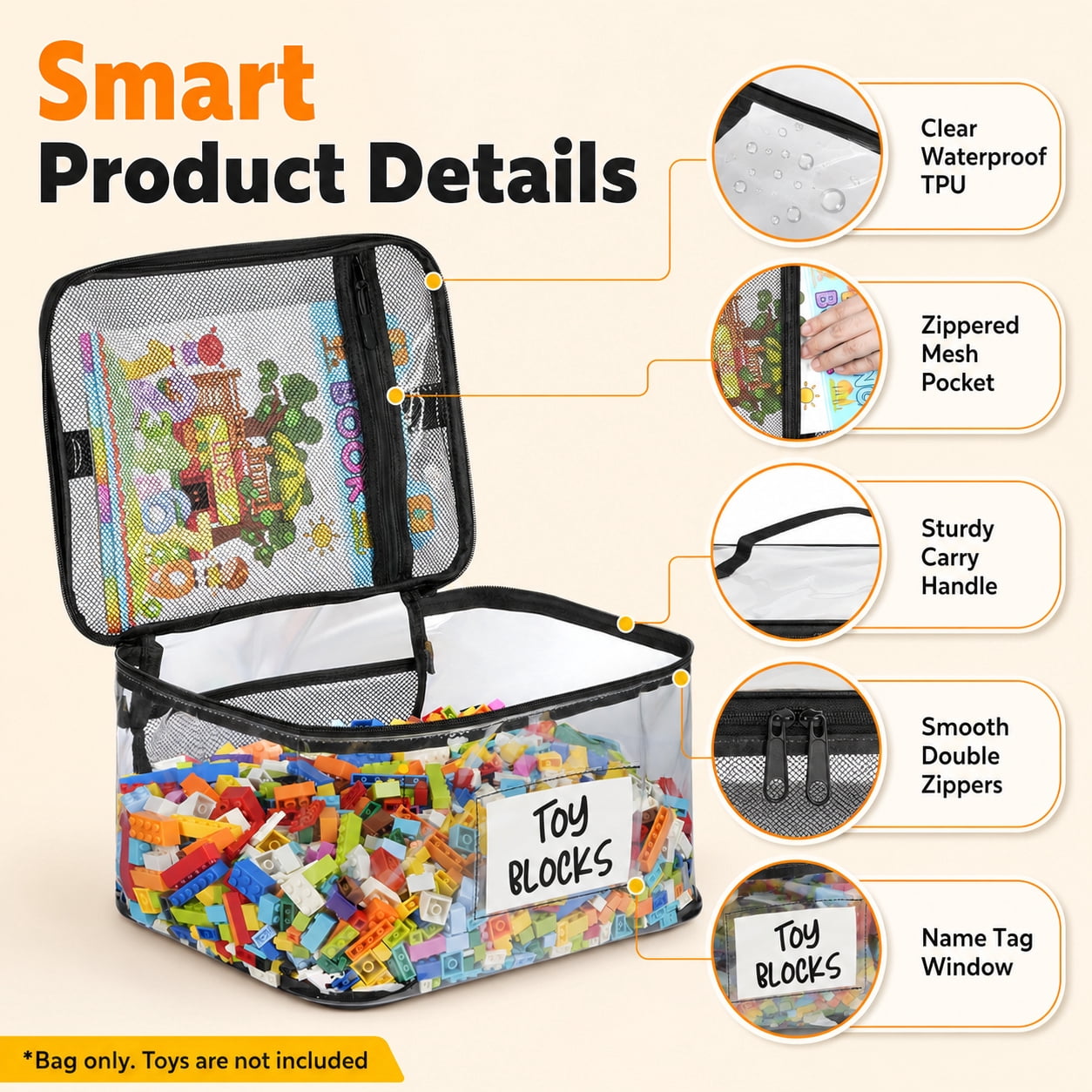 HBK 6 Pack Clear Toy Storage Bags with Handles, Zippered Organizer Bins for Puzzles Board Games Legos, Playroom Storage Containers with Label