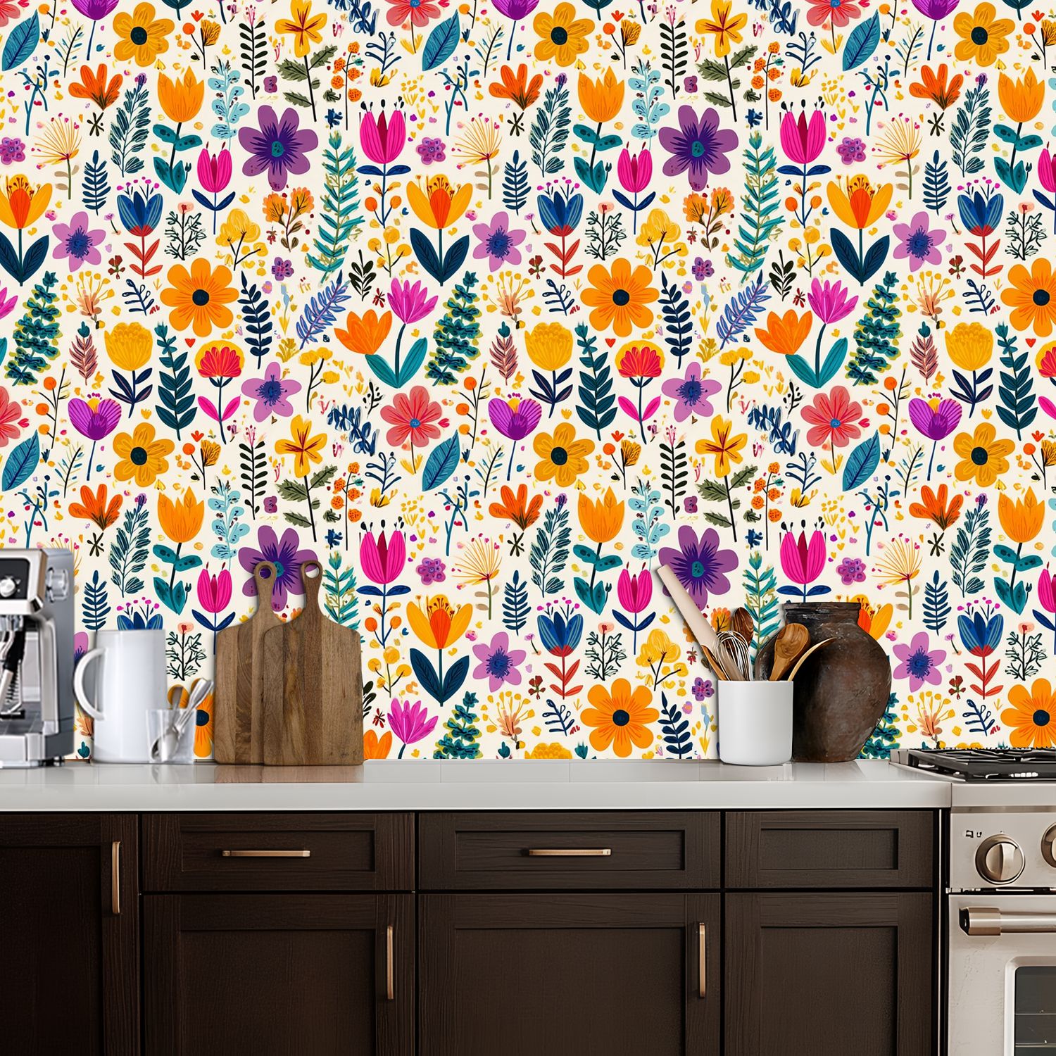 Peel and Stick Wallpaper 17.7in x 9.8ft Colorful Hand Drawn Floral Vibrant Flowers Leaves Light Contact Paper Vinyl Self-Adhesive Removable Wall Paper for Bedroom Kitchen Cabinet Renter Friendly