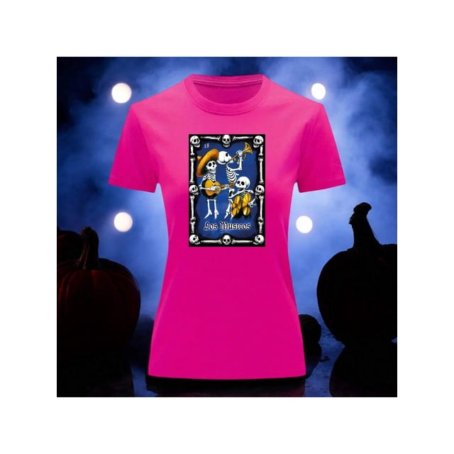 Playera Blusa Con Impresion De Los Musicos Alusivo A La Loteria Mexicana Dia De Muertos Tradicion Mexicana Color Fucsia Talla Chica Marca Emil SaEs