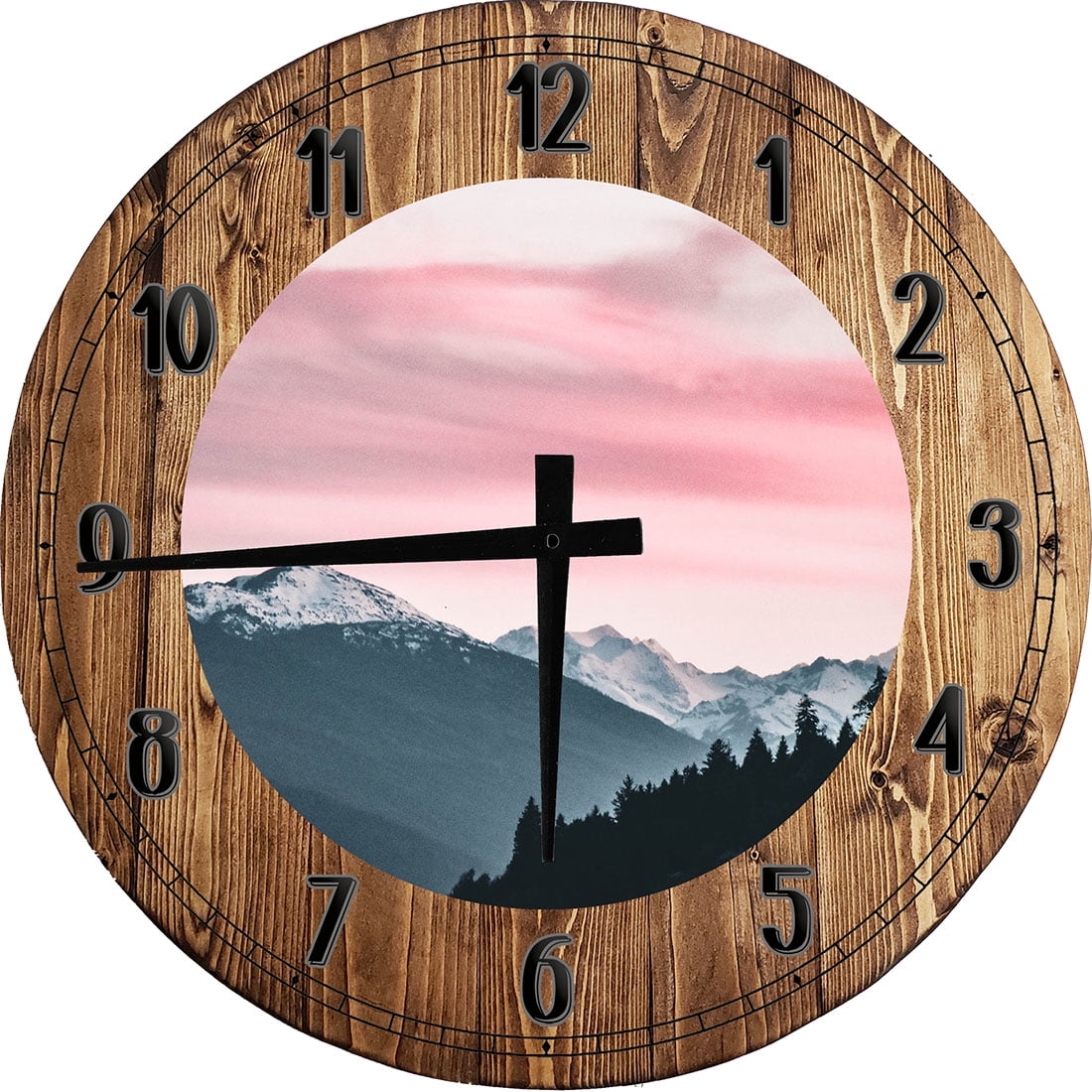 Large Wood Wall Clock 24 Inch Round Grey Wall Art Mountain Clouds