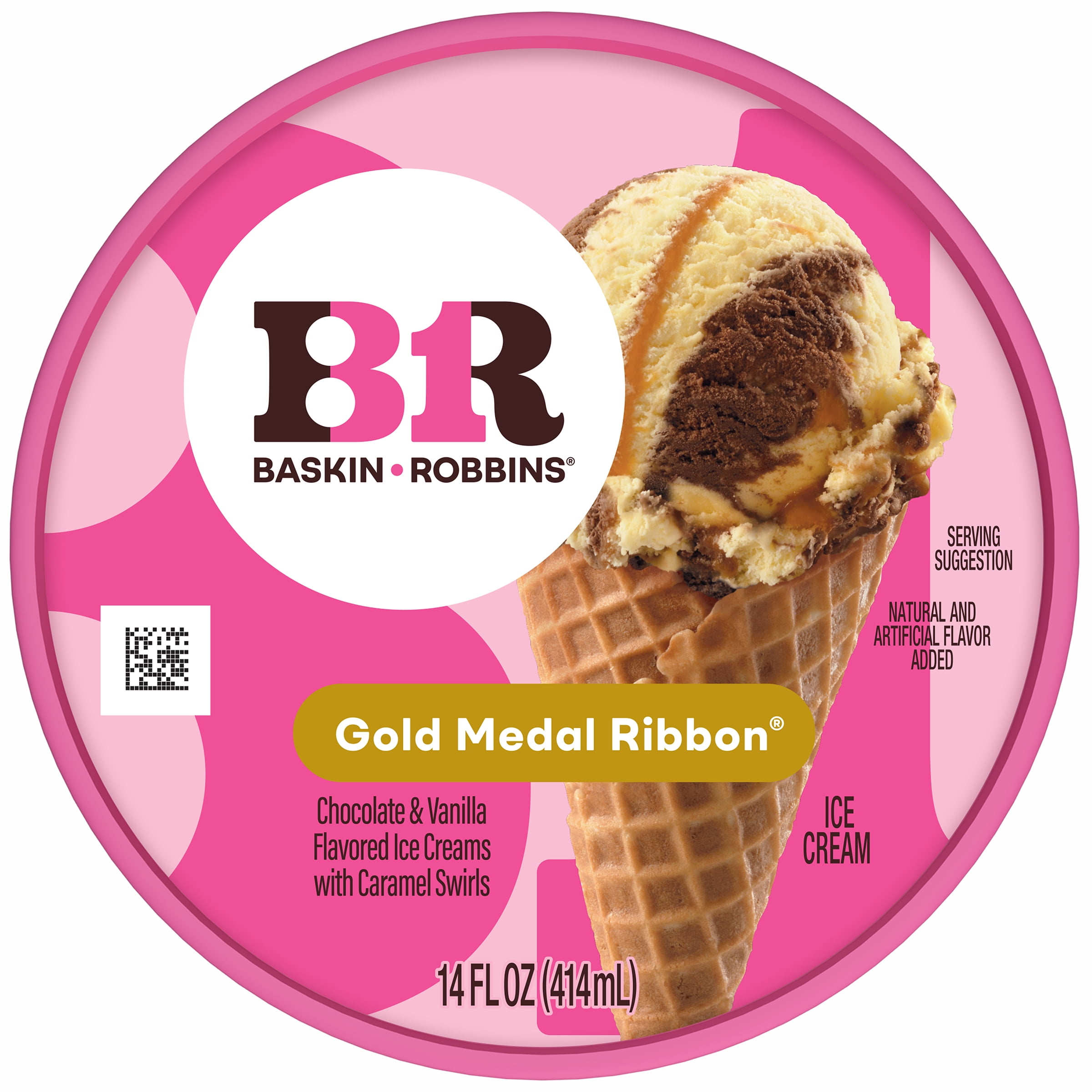 Baskin-Robbins Gold Medal Ribbon Ice Cream, 14 fl oz Cup – Chocolate and Vanilla Ice Cream with Caramel Swirl