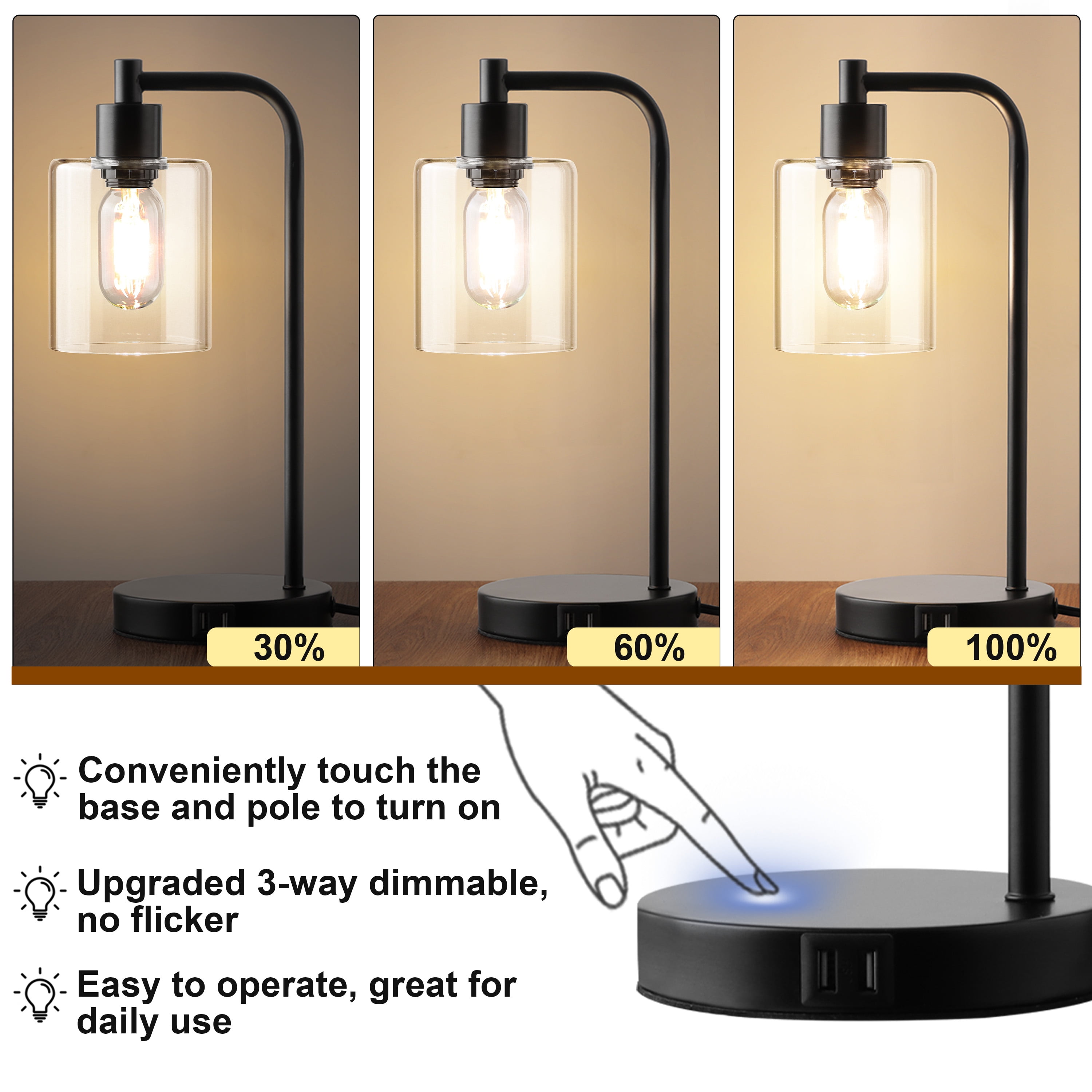 Walchoice Table Lamp Set of 2, Touch Control Desk Lamp with 2 USB Charging Ports, 3-Way Dimmable Nightstand Lamps with Glass Shade for Bedroom Living Room