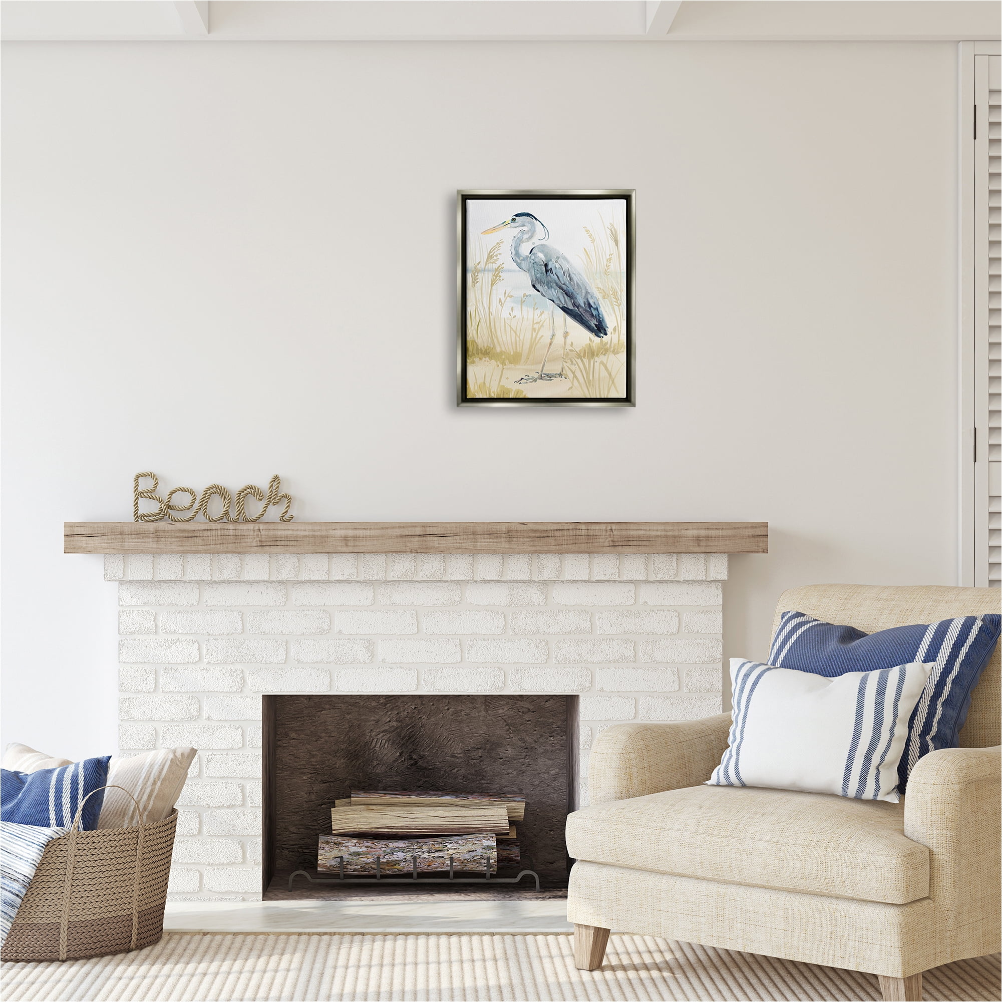 Stupell Industries Heron & Beach Grass Animals & Insects Painting Gray Floater Framed Canvas Art Print Wall Art, 17 x 21