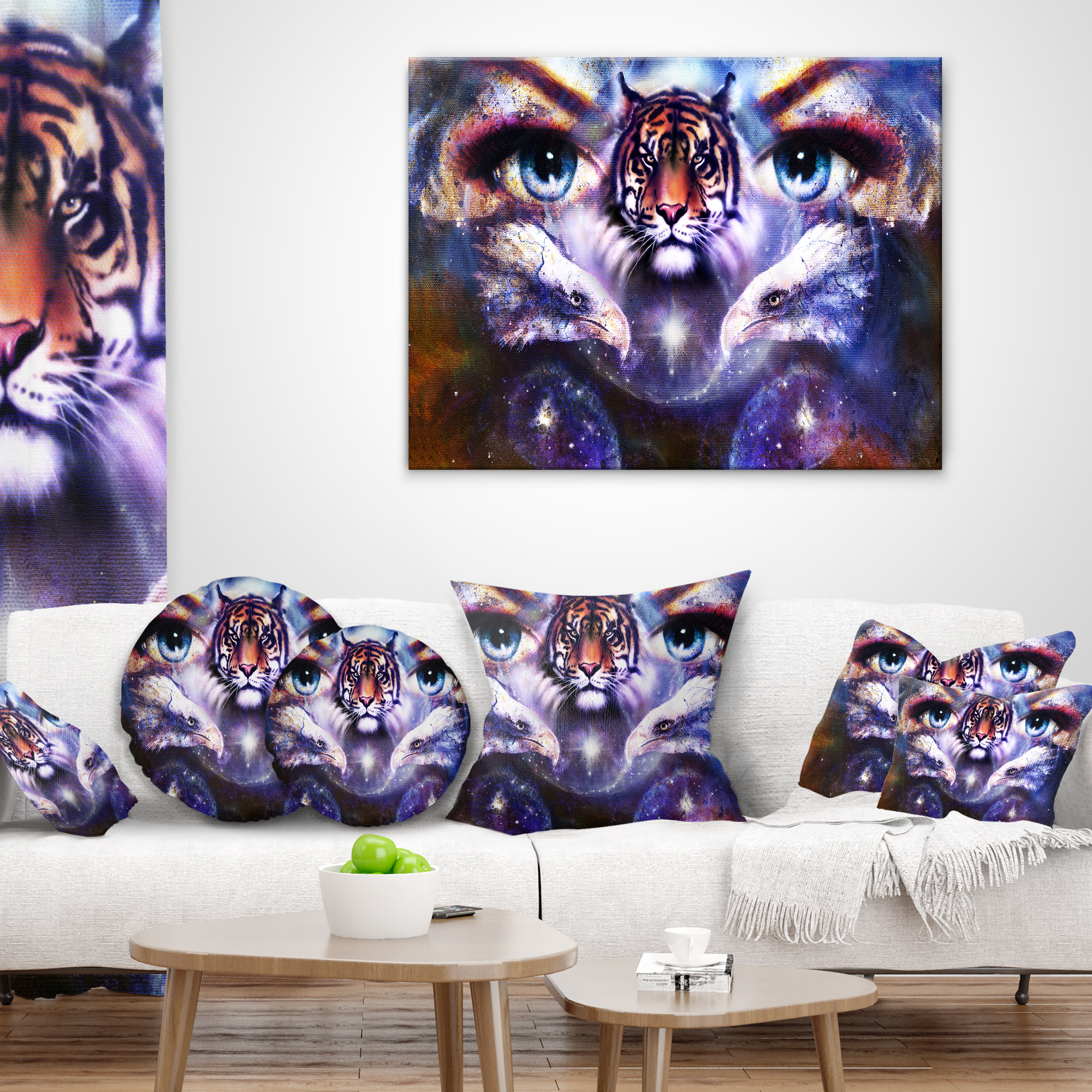 Designart Tiger Eagles and Woman Eyes Collage - Animal Throw Pillow - 12x20