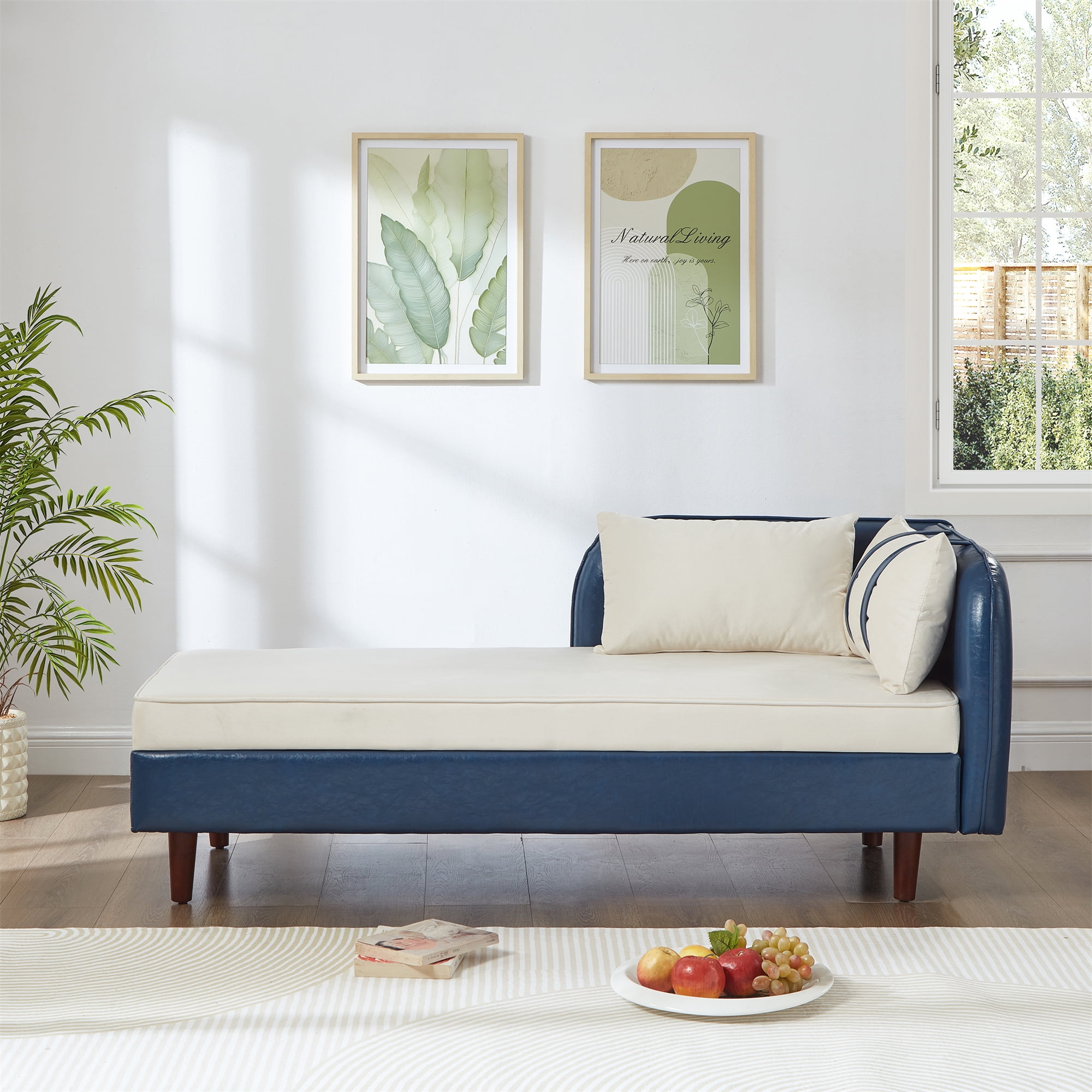 Aukfa 65" Storage Chaise Lounge Indoor Leather Sofa for Living Room Bedroom, Wooden Legs, 2 Pillows, Blue & Beige