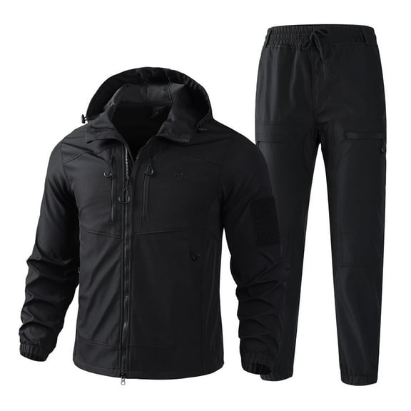 Men’S Fleece Tracksuit Set Thick Winter Hooded Jacket and Pants Outdoor Sportswear Suit Black M