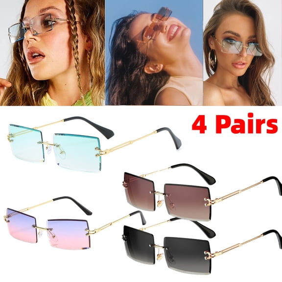 4 Pairs Rimless Rectangle Sunglasses Tinted Frameless Eyewear Vintage Transparent Rectangle Y2k