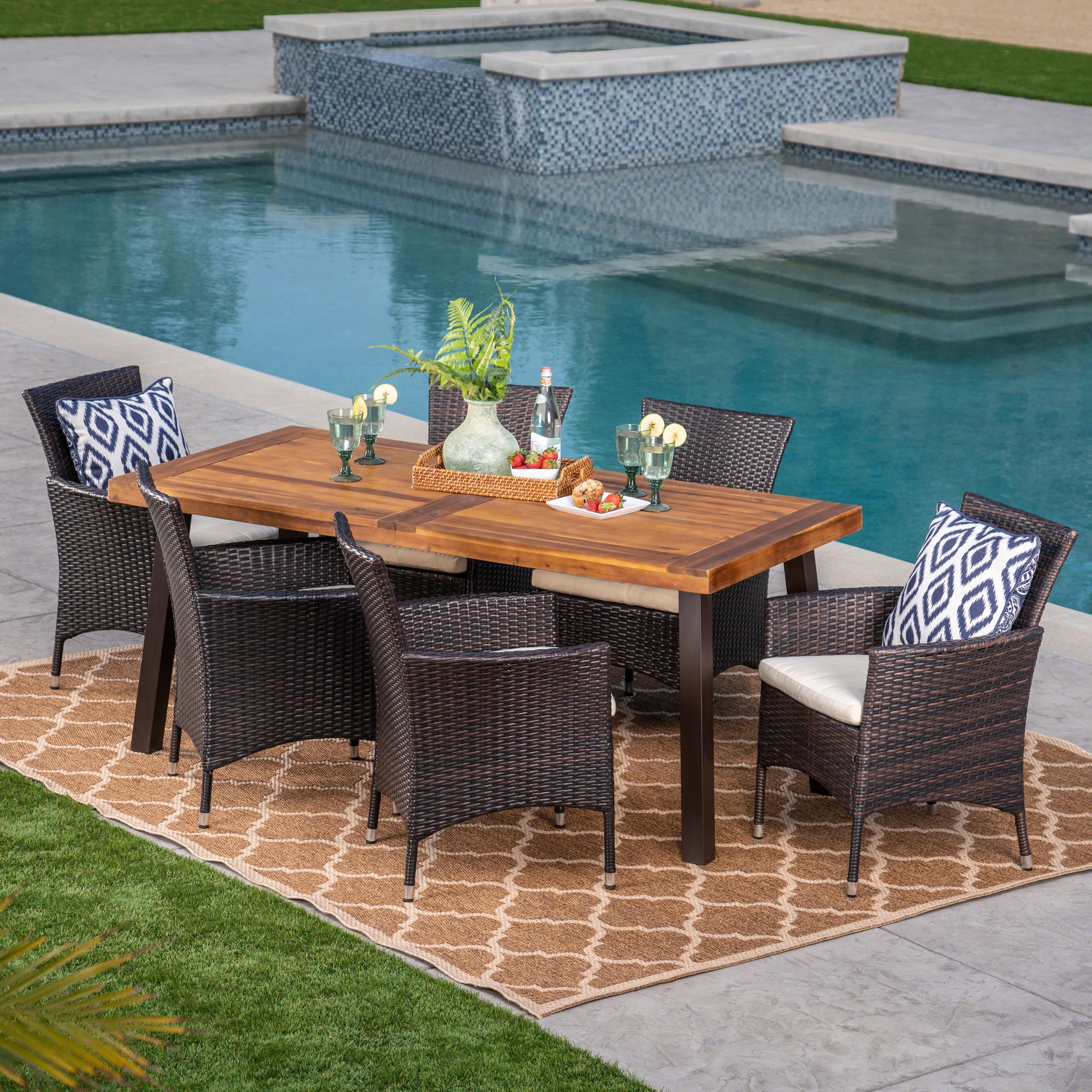 7 Piece Acacia Wood Wicker Dining Set, Wooden Outdoor Dining Set With Cushions