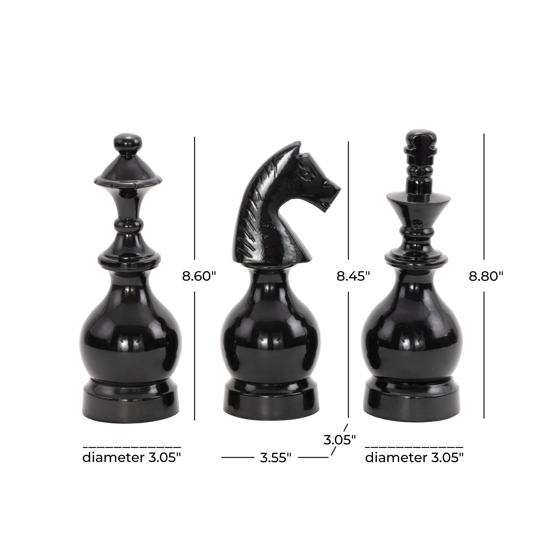 9", 9", 8"H Gray Aluminum Metal King, Knight, Bishop Chess Sculpture, by DecMode (3 Count)