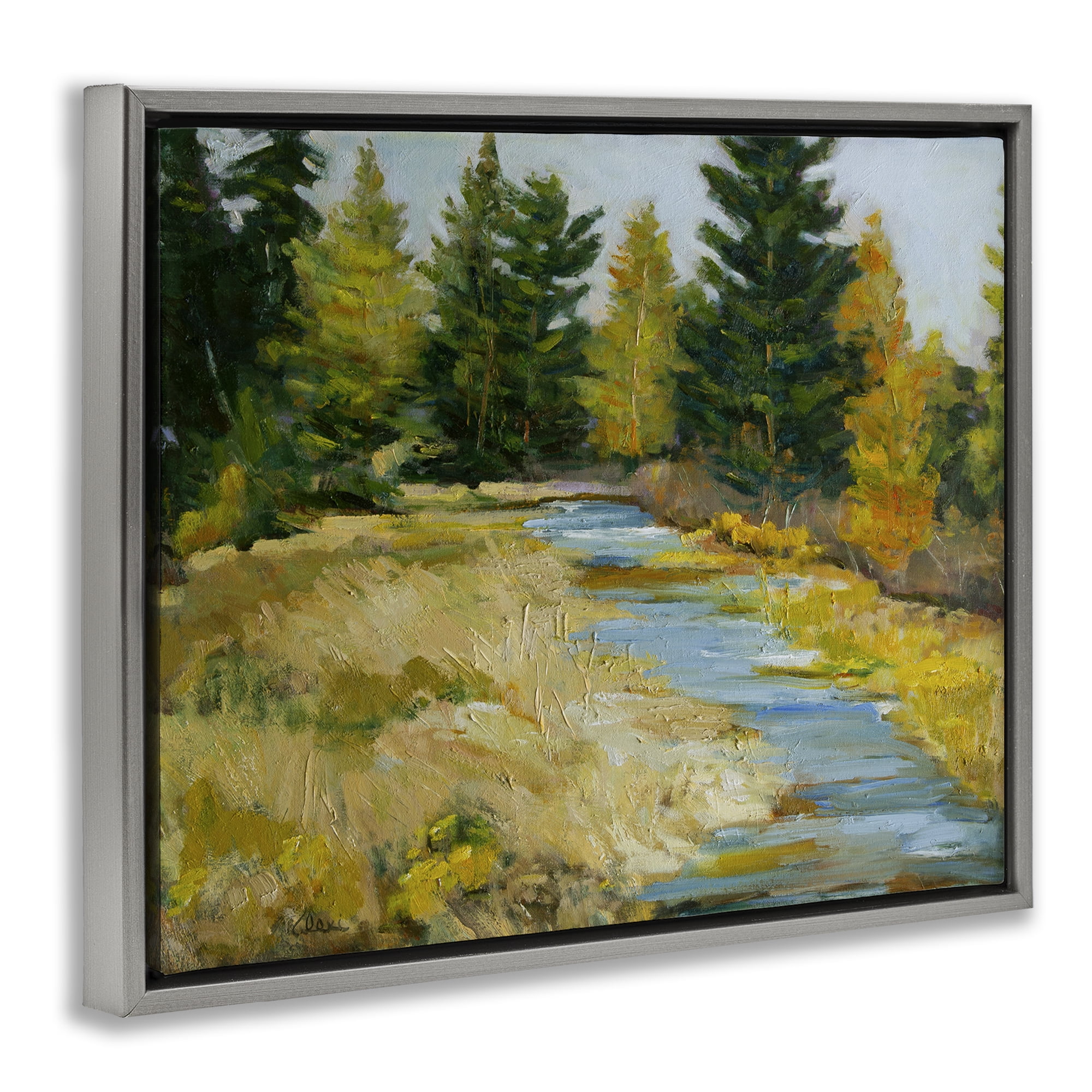 Stupell Industries A Fine Creekside Landscape Landscape & Nature Painting Gray Floater Framed Canvas Art Print Wall Art, 21 x 17