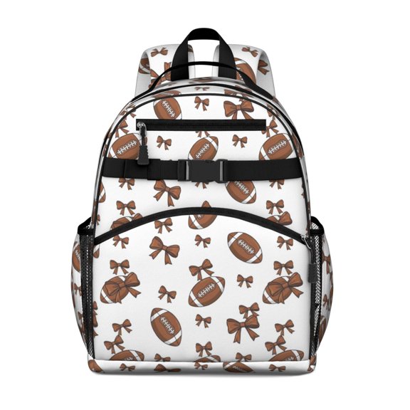 Football Bow White Pattern Cute School Backpack Bag for School with Padded Back and Adjustable Shoulder Straps 15.25"x11.5"x5.25"