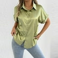 thumbnail image 5 of Olyvenn Fashion Satin Silk Button Down Shirts Women's Dress Shirts Collared Roll Up Short Sleeve Blouse Ladies Summer Office Work Tops Mint Green L, 5 of 6