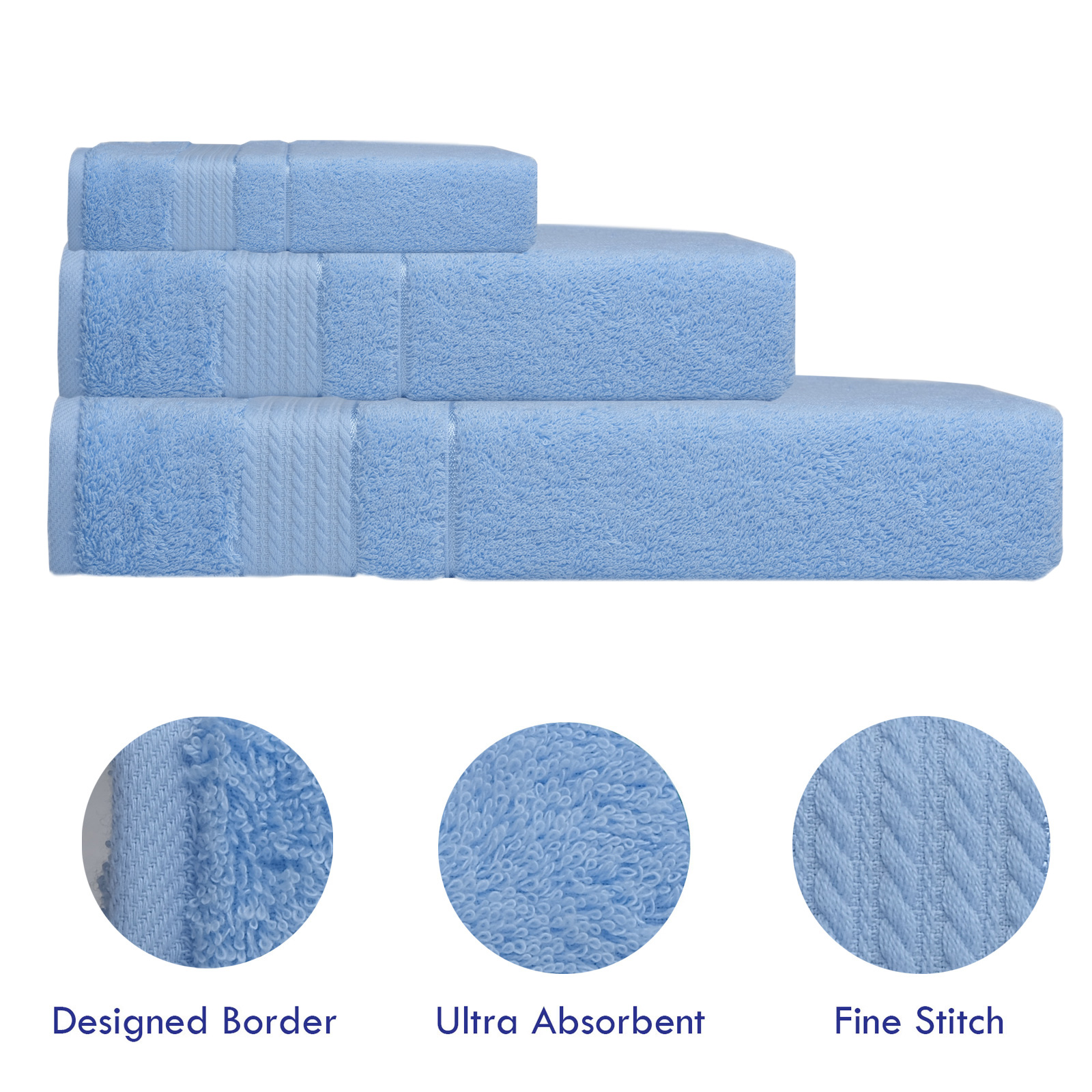 Melissa Linen Premium Turkish Cotton Set of 3 Luxury Bath Towel Set, Light Blue