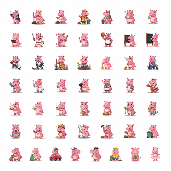 LUUFILx 50pcs Adorable Pink Hippo with Paintbrush Stickers Children Stationery Cartoon Decals Water Bottle Laptop Phone Guitar Bicycle Luggage Stickers Set