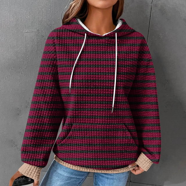 AOOCHASLIY Automne Grande Liquidation Sweat à Capuche pour Femmes 2024 Hiver Décontracté Imprimé Rayé Col Rond Manches Longues