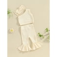 thumbnail image 4 of Musuos Girls Summer Outfits, 6M 12M 18M 24M 3Y 4Y One Shoulder Ribbed Tops + Elastic Waist Flare Pants + Headband Toddler 3 Piece Set, 4 of 10
