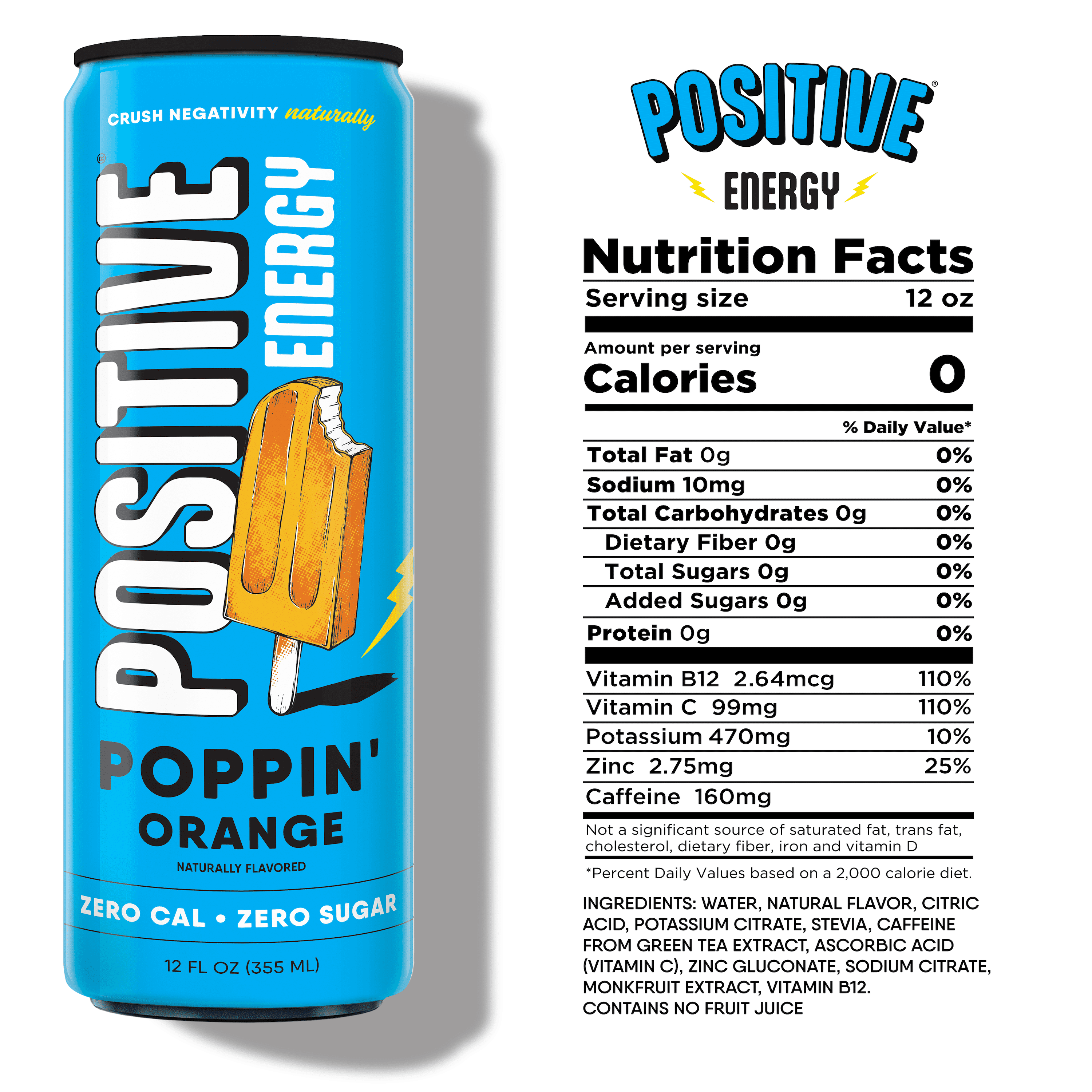 Positive Energy Drink - Poppin' Orange | Zero Sugar, Zero Calorie, 12oz Cans (Pack of 12) | Hydrating Electrolytes, Immunity Support with Zinc, Healthy Energy Boost