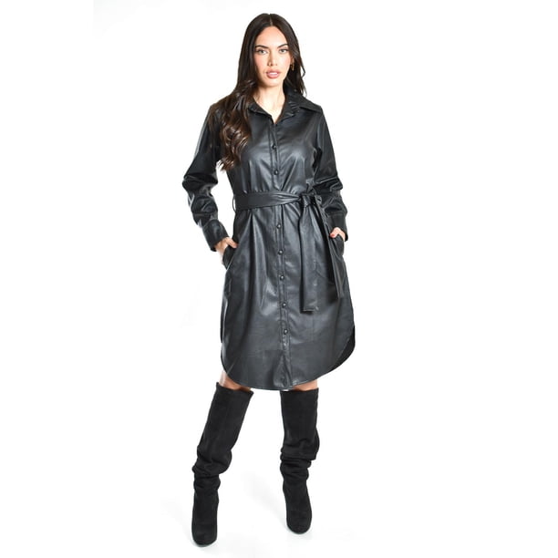 Vestido camisero de piel sintetica Roman Fashion Juvenil Negro M