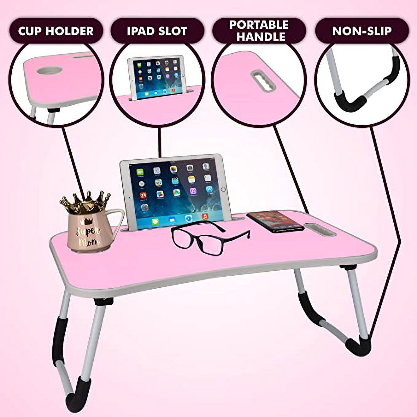 MavoCraft Laptop Desk for Bed - Lap Table with iPad Slot & Cup Holder - Portable Wood Lap Desk for Sofa & Bed for Adults & Kids - Adjustable Tablet & Laptop Stand for Comfortable Use (Pink)